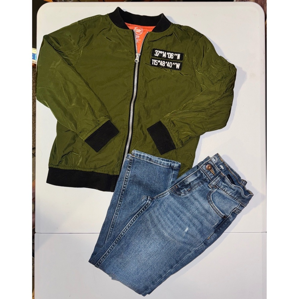 Wonder Nation Bomber Jacket and Jeans Set Boys S 6-7 Green Blue Distressed Patch